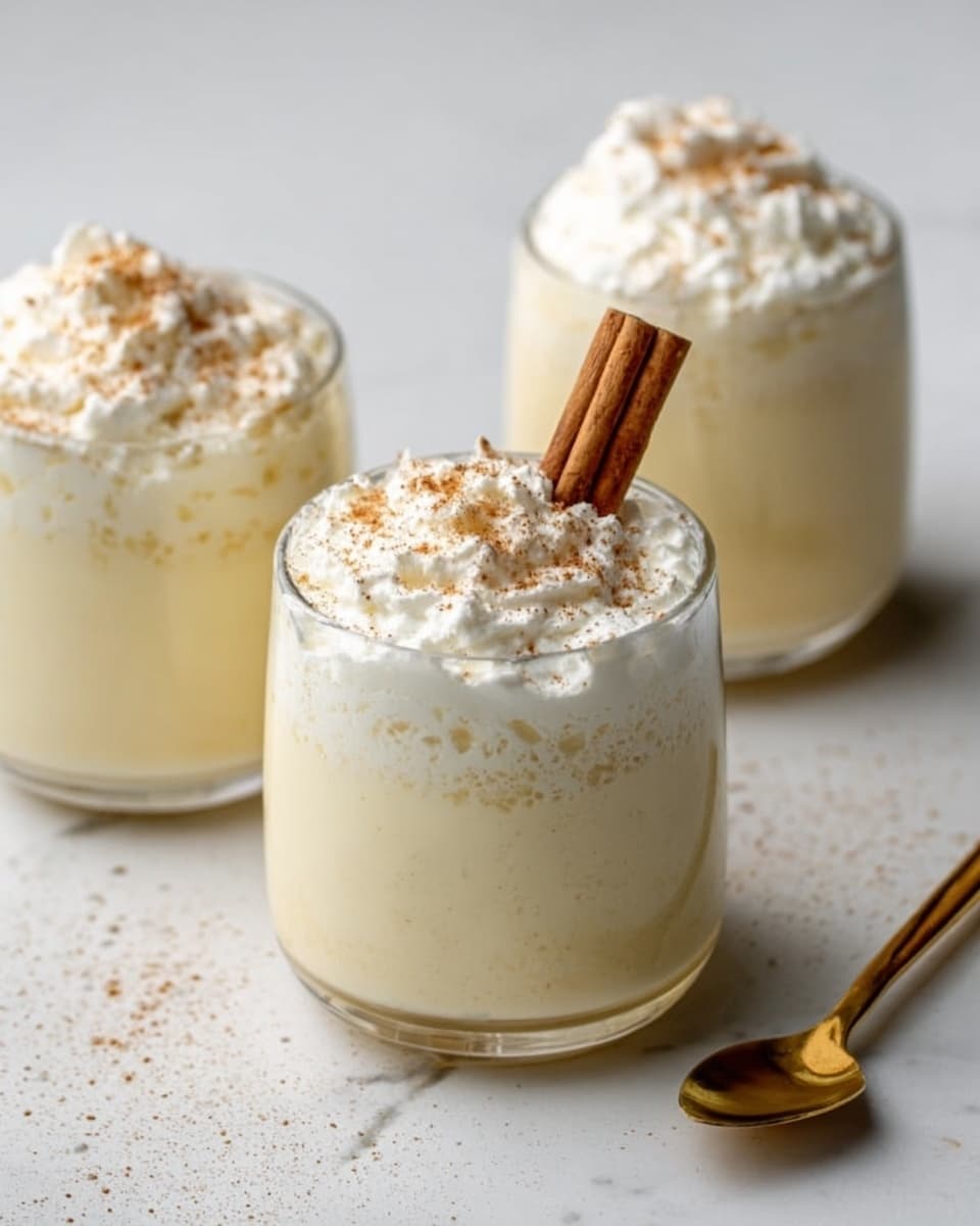 The image shows three clear glasses filled with creamy eggnog on a white marbled surface. Each glass has a thick layer of whipped cream on top, which looks soft and fluffy. One glass in the middle has a cinnamon stick standing upright in the whipped cream and there is a light dusting of nutmeg powder on top. The glasses are short and round, and the creamy eggnog inside is pale yellow. In the bottom right corner, a small gold spoon rests on the white marbled surface. The photo taken with an iphone --ar 4:5 --v 7