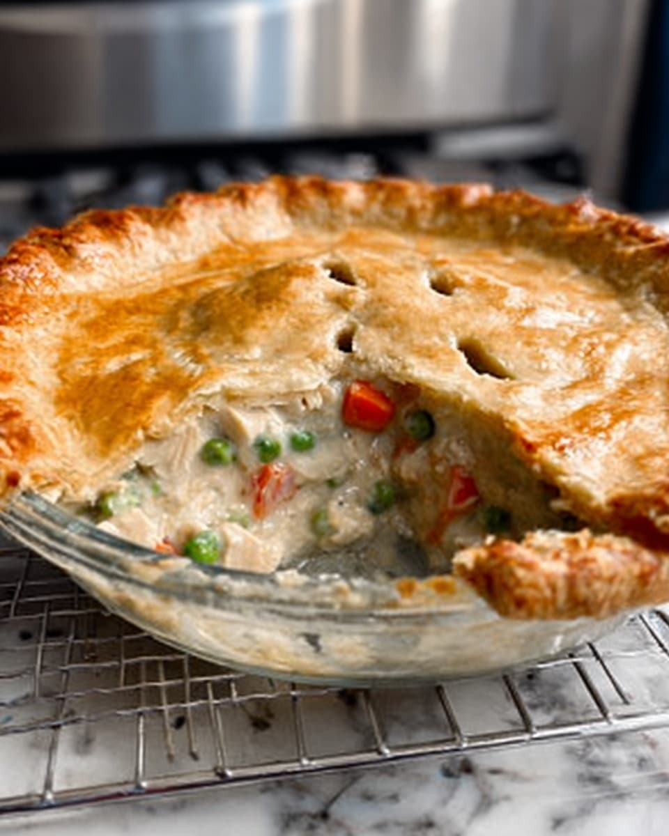 A round chicken pot pie with a golden brown, flaky crust on top, placed in a clear glass pie dish on a wire cooling rack. The crust has a few small vent slits and a shiny finish. One slice is missing, showing the creamy filling inside with visible pieces of light beige chicken, bright orange carrot chunks, green peas, and other vegetables in a thick white sauce. The edge of the crust looks thick and slightly crimped. The background is a white marbled surface with a blurry stainless steel kitchen appliance in the back. photo taken with an iphone --ar 4:5 --v 7