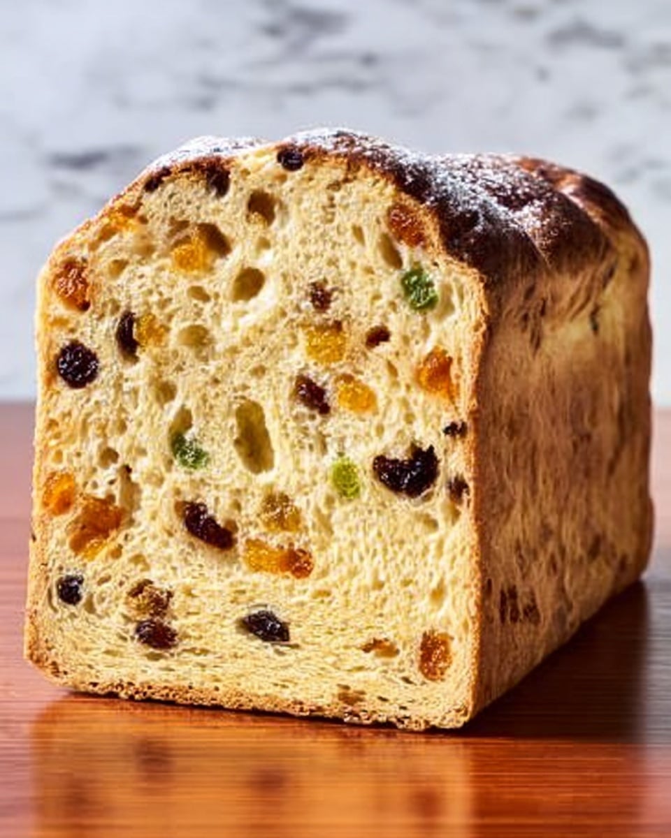 The image shows a tall, round loaf of bread with a golden-brown crust that is slightly shiny and textured with a few small cracks. The inside is light yellow with a soft and fluffy texture, dotted with many small pieces of dried fruit in colors like dark purple, orange, and green, evenly spread throughout the bread. The loaf sits on a shiny wooden surface with a white marbled background behind it. Photo taken with an iphone --ar 4:5 --v 7