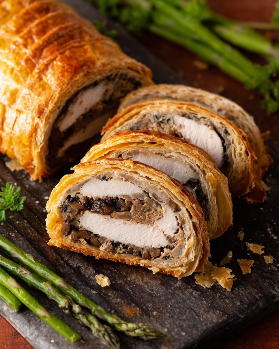 The image shows a sliced wellington on a dark slate, each slice revealing three layers: a golden-brown flaky pastry on the outside, a middle layer of creamy mushroom duxelles with a rough texture, and a thick white meat layer in the center. The puff pastry is shiny with slight browning, and the meat looks tender and juicy inside the mushroom spread. The Wellington pieces are arranged diagonally, with bright green asparagus stalks laid next to the slices on a white marbled surface. The overall look is warm and appetizing, with crumbs scattered lightly around. Photo taken with an iphone --ar 4:5 --v 7