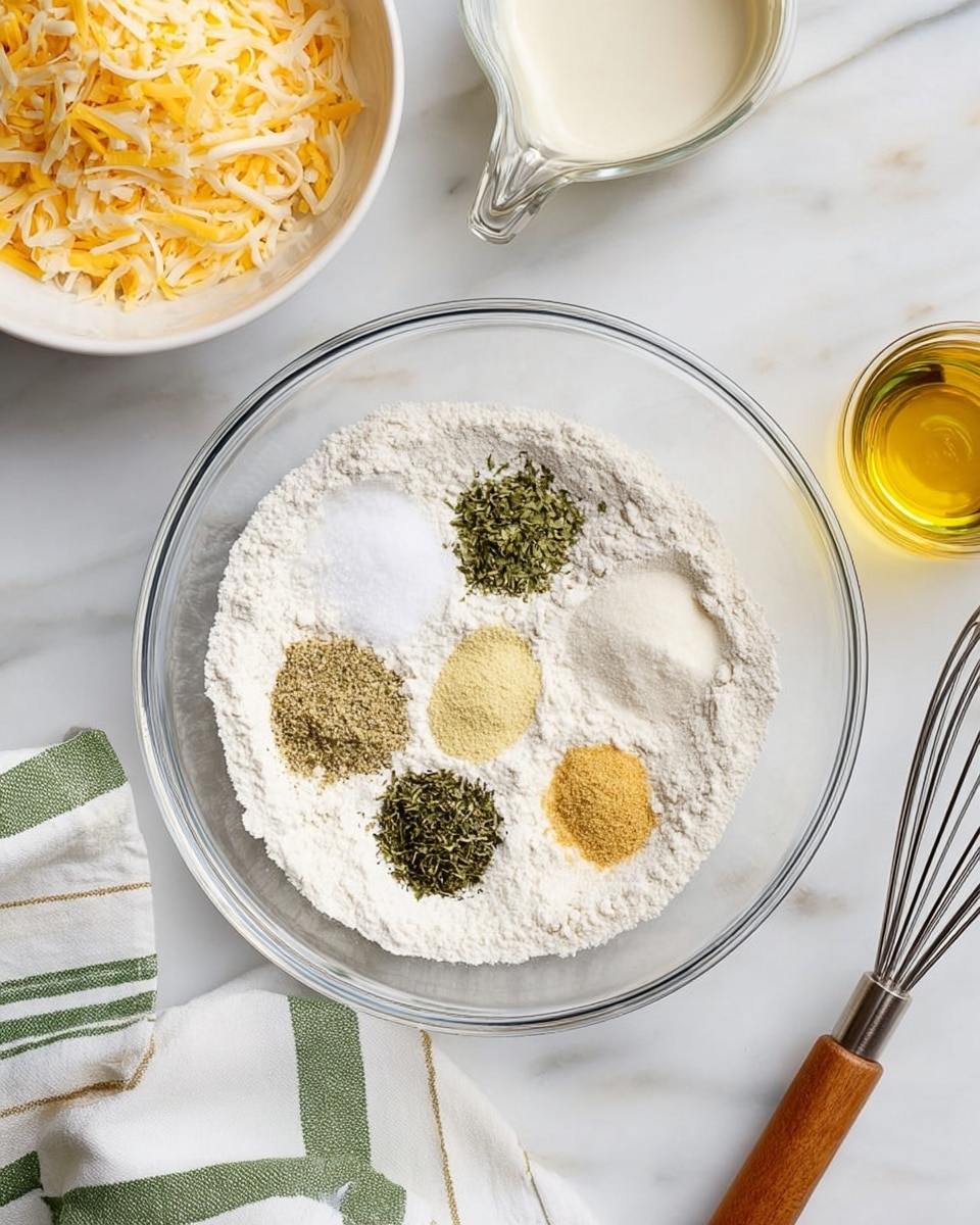 A clear glass bowl sits on a white marbled surface, filled with a base layer of white flour topped with five small piles of seasonings arranged in a circle: white salt, green dried herbs, light yellow garlic powder, white baking powder, and dark green dried herbs. Surrounding the bowl are other tools and ingredients including a white bowl with shredded yellow and white cheese in the top left, a clear measuring cup with cream, a small white bowl with grated cheese in the top right, a small jar of golden oil, a metal whisk with a wooden handle near the bottom right, and a white cloth with green and gray stripes partially visible on the bottom left. Photo taken with an iphone --ar 4:5 --v 7