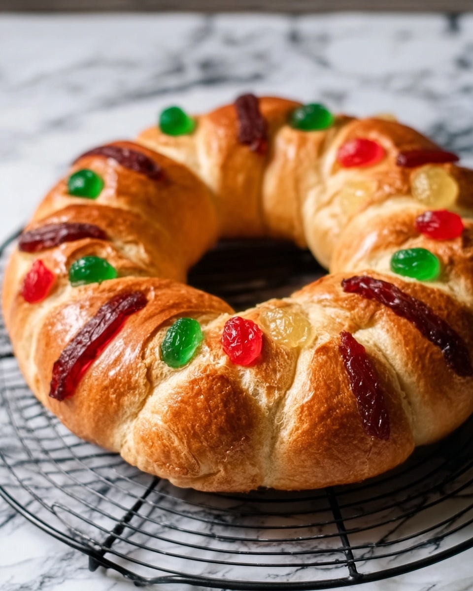 The image shows a large round bread shaped like a ring with a golden-brown crust. The bread is decorated with textured white dough strips placed at four points evenly on the ring. On top of the bread, there are colorful pieces of candied fruit in green, red, and yellow, arranged in small clusters around the ring. The surface of the bread is smooth and shiny, and there are a few almond slices near one side. The bread is placed on a dark wooden board with a knife nearby, and in the background, there are brown plates stacked and a decorated clay cup with cinnamon sticks. The whole scene rests on a white marbled surface. Photo taken with an iphone --ar 4:5 --v 7