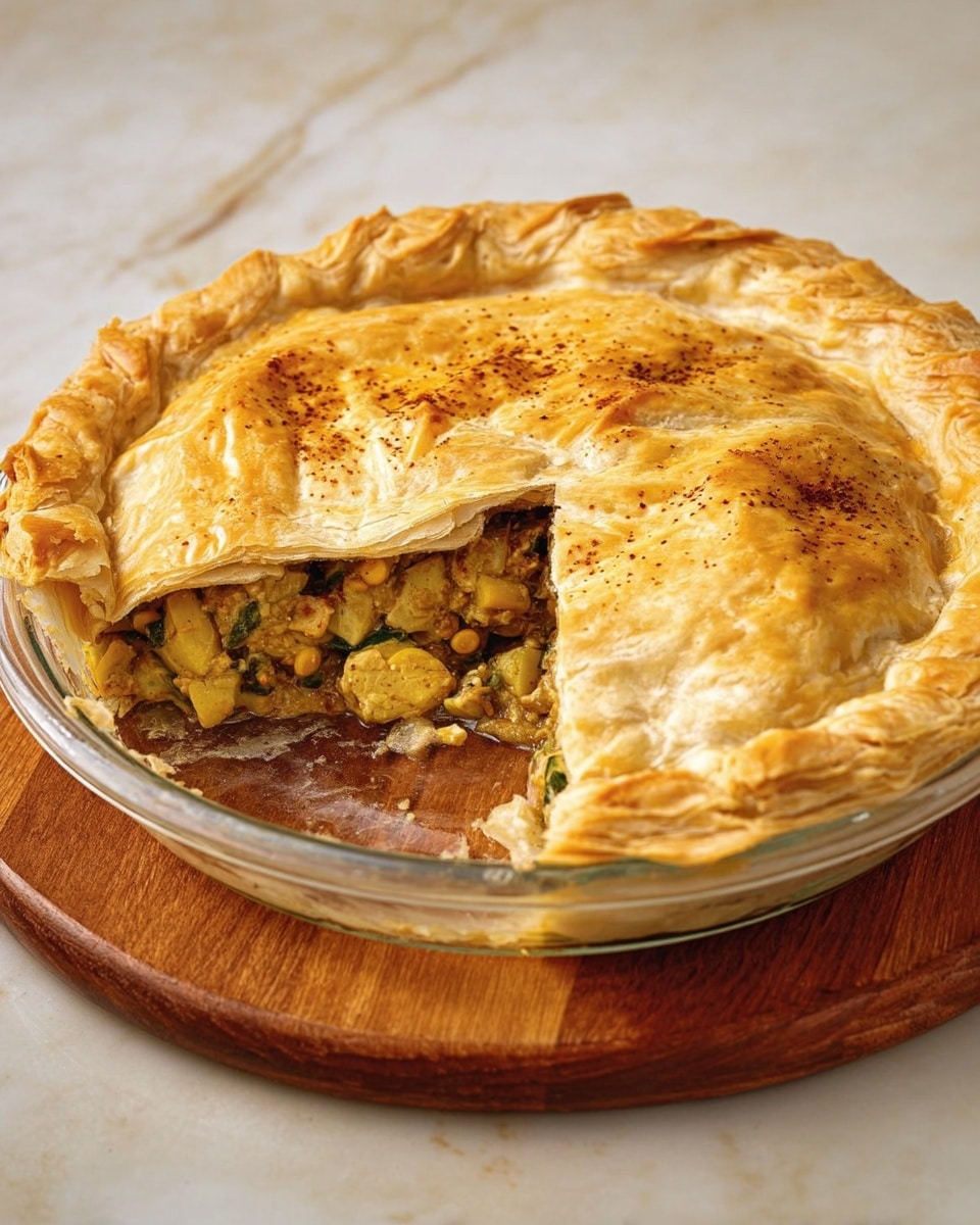 A black pan holds a golden-brown layered pastry with many crispy, folded thin sheets on top, lightly dusted with white powdered sugar. One large piece is missing, revealing a thick, textured filling in the center with a mix of yellow and light brown tones, and some almond slices scattered near the edges. The pastry layers look flaky and crinkled, covering the filling beneath. The background is a white marbled surface. Photo taken with an iphone --ar 4:5 --v 7