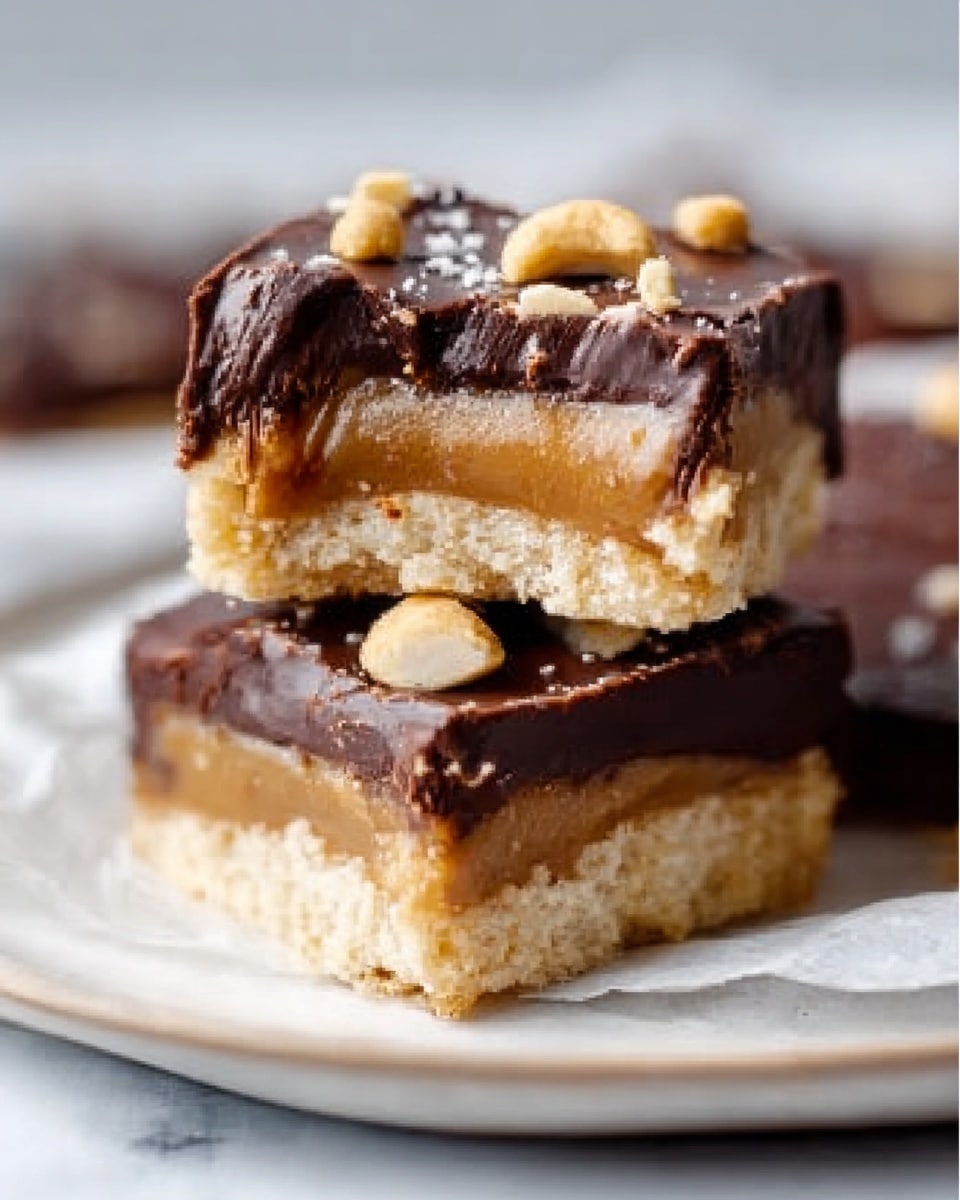 The image shows two stacked chocolate-covered dessert bars on a white plate with a white marbled background. Each bar has three visible layers: the bottom layer is a light beige, crumbly biscuit base; the middle layer is a smooth, golden caramel; and the top layer is dark chocolate with a glossy finish, sprinkled with small cashew nuts. The bars have clean, sharp edges, and the top piece is slightly tilted, showing the layered inside clearly. Photo taken with an iphone --ar 4:5 --v 7