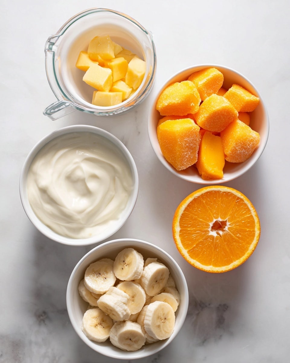 A white measuring cup filled with light cream liquid is at the top center. Below it, four white bowls are arranged on a white marbled surface. The top left bowl contains bright orange frozen mango chunks with a rough texture. To its right, a small white bowl holds thin slices of light yellow ginger and small orange chunks, both smooth in texture. Below these, a white bowl on the left has a creamy white thick yogurt with a smooth surface, and to the right, a white bowl is filled with pale yellow, round banana slices with soft texture. At the bottom right corner of the image is a half of a bright orange with a juicy, shiny surface showing the detailed segments. Photo taken with an iphone --ar 4:5 --v 7
