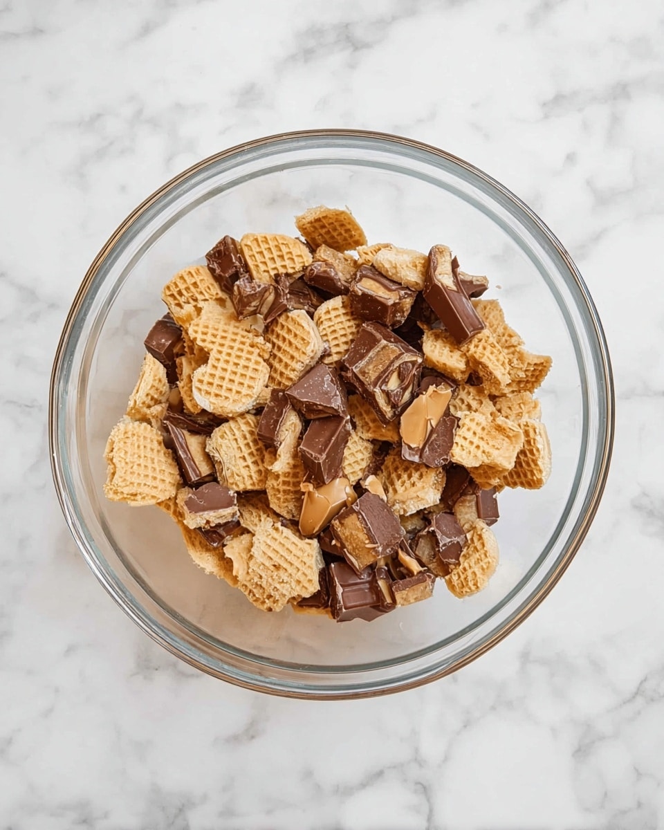 A clear glass bowl sits on a white marbled surface, filled with broken pieces of golden-brown waffle cookies mixed with small chunks of chocolate-covered candy bars that show bits of nougat and caramel inside. The pieces are uneven, with rough and smooth textures blending together, creating an inviting contrast of light tan and dark brown colors. Photo taken with an iphone --ar 4:5 --v 7