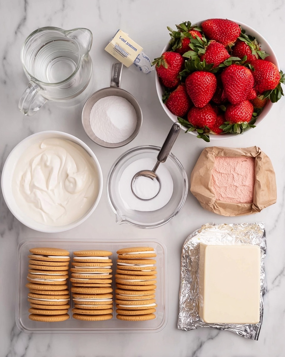 The image shows several ingredients neatly arranged on a white marbled surface. In the center, there is a white bowl filled with fresh red strawberries with green leafy tops. To the left, there is a white bowl containing smooth white cream. Below the strawberries is a clear plastic container with three rows of golden cream-filled sandwich cookies. Above the strawberries are two small metal measuring cups, one filled with white powdered sugar and the other empty. Next to the powdered sugar, there is a small glass bowl with a spoon and white liquid inside. A glass measuring cup with a handle contains clear water, located both on the left and right sides. Above the left measuring cup is a stick of butter wrapped in paper. Near the top center is a small brown paper bag filled with pink powder. At the bottom right, a block of cream cheese is partially wrapped in silver foil. photo taken with an iphone --ar 4:5 --v 7