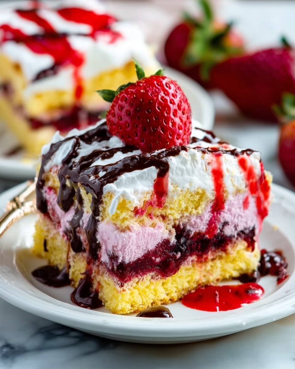 A white plate holds a slice of layered dessert with four clear layers: a yellow sponge cake layer on the bottom, a thick pink berry filling above it, a layer of white whipped cream on top, and a drizzle of dark chocolate and red berry sauce covering the cream. A large red strawberry sits on top as a garnish. In the background, there is another plate with a similar dessert, and the surface beneath is white marble. The lighting highlights the creamy and juicy textures of the dessert. Photo taken with an iphone --ar 4:5 --v 7
