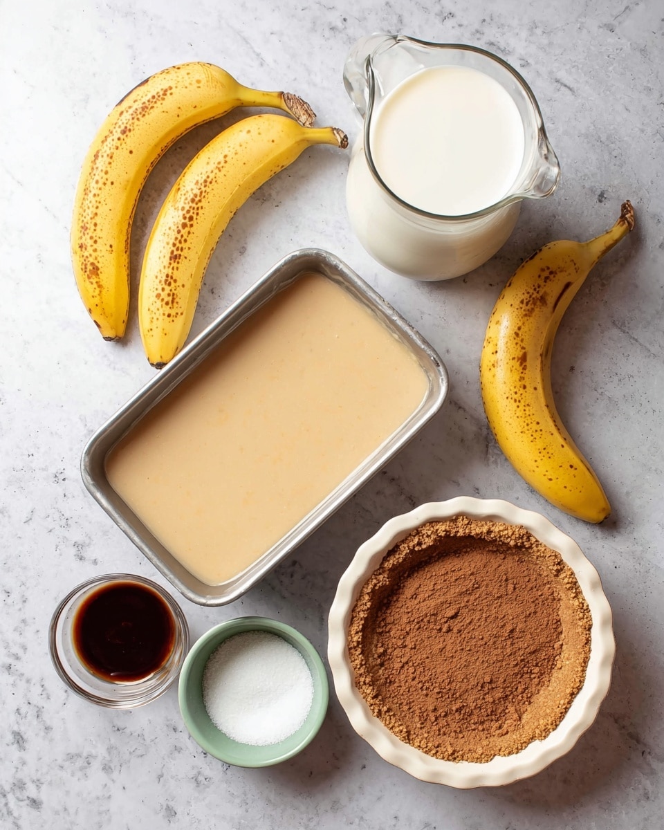 The image shows ingredients laid out on a white marbled surface. There is a metal loaf pan with a light beige batter inside, three yellow bananas with brown spots on the skin, a clear glass jug filled with white milk, a white pie dish with a crumbly light brown crust, a small green bowl with white sugar, a small white bowl with dark brown vanilla extract, and a small white bowl with cocoa powder. photo taken with an iphone --ar 4:5 --v 7