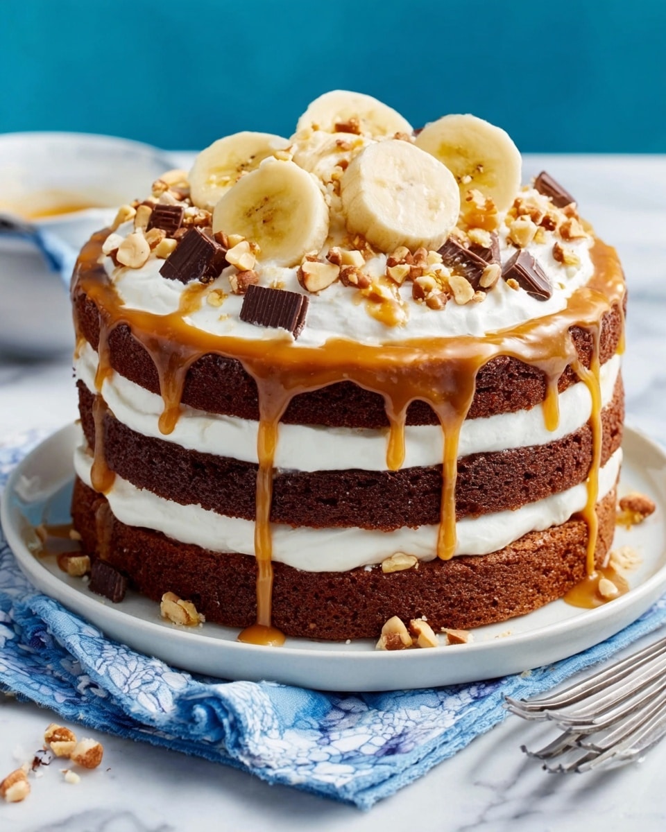 A three-layer chocolate cake with smooth white cream spread evenly between each thick, dark brown layer. The top of the cake is covered with a thick layer of white cream topped with banana slices arranged in a small mound in the center. Drizzles of light caramel sauce flow over the bananas and cream, dripping down the sides of the cake. Sprinkled on top are chopped nuts and small pieces of chocolate, adding texture and contrast. The cake sits on a white plate, placed on a white marbled surface, with a fork and a blue napkin beside it. photo taken with an iphone --ar 4:5 --v 7