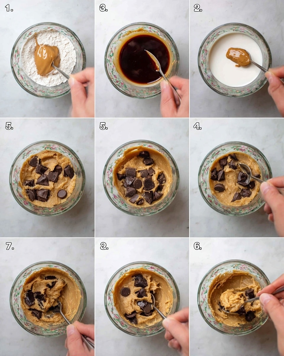 The image shows a sequence of eight steps preparing a cookie in a clear floral glass cup held by a woman's hand over a white marbled surface. Step 1 has a layer of white flour powder at the bottom. Step 2 adds a creamy tan-colored peanut butter dollop on one side. Step 3 adds a dark syrupy layer on top of part of the peanut butter. Step 4 adds a white creamy liquid filling most of the cup, leaving a bit of peanut butter visible on one side. Step 5 shows the mixture being stirred, forming a thick, tan cookie dough texture filling the cup. Step 6 shows the dough topped with uneven dark chocolate chunks scattered on the surface. Step 7 presses down the chocolate chunks slightly into the dough, spreading them across the top. Step 8 shows a woman's hand holding a spoon cutting into the soft cookie dough, breaking through the chocolate pieces. Photo taken with an iphone --ar 4:5 --v 7