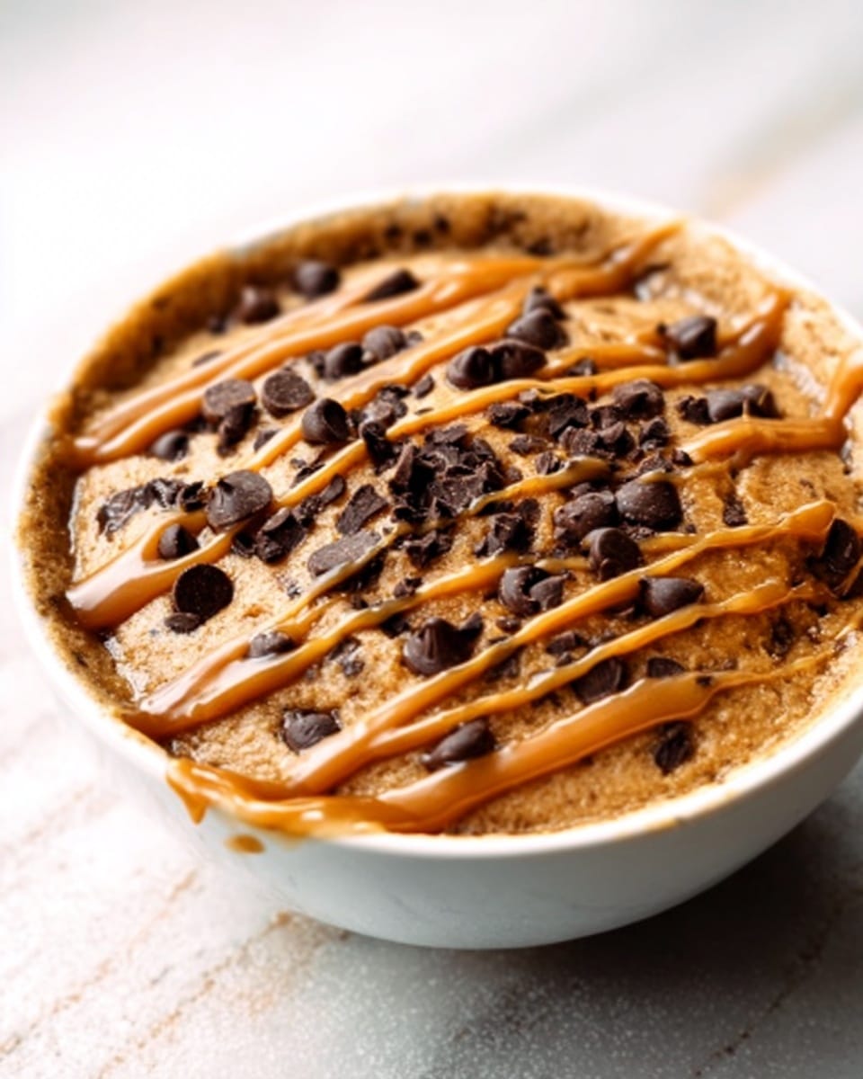 A white bowl filled with a thick, light brown cake that has a soft and airy texture, sprinkled with dark chocolate chips that are slightly melted on top. Drizzled in a zigzag pattern over the cake is a smooth, shiny layer of caramel-colored sauce. The bowl sits on a white marbled surface, creating a clean and bright background. The cake looks warm and fresh, with a few chocolate chips slightly shiny from melting, and the caramel drizzle adds a glossy, sticky look. photo taken with an iphone --ar 4:5 --v 7