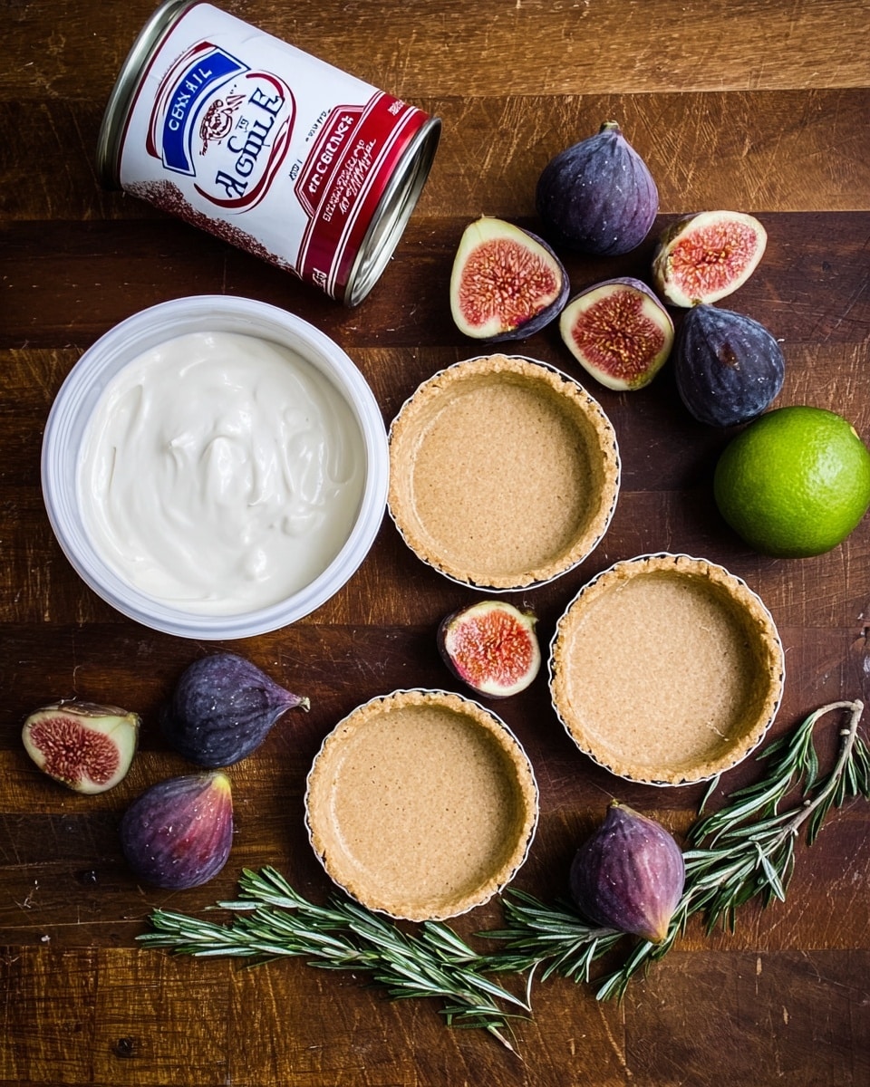 The image shows ingredients for a dessert arranged on a dark brown wooden table. There are three empty tart shells with a light brown, crumbly texture placed close together near the center right. To the left of the tart shells, there's a white container filled with smooth, white cream, and above it is a tilted can of sweetened condensed milk with a red and white label. Scattered around the table are several whole and halved fresh figs, showing their deep purple skin and pink flesh. There are also sprigs of green rosemary and one whole lime on the right side. The background is a white marbled texture instead. photo taken with an iphone --ar 4:5 --v 7