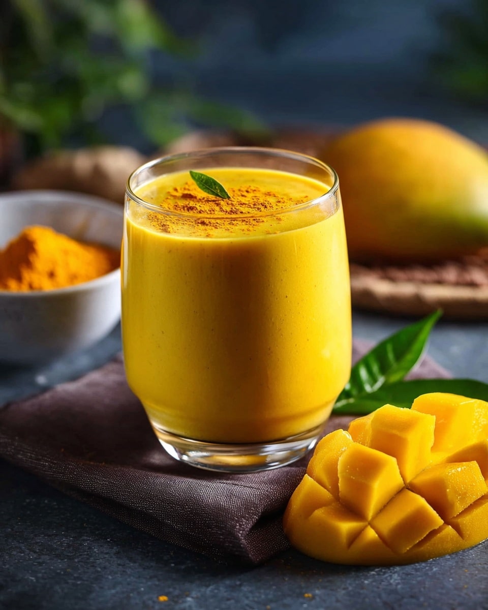 A clear glass filled with bright yellow mango smoothie topped with a sprinkle of turmeric powder and a green leaf, placed in the center on a dark cloth. Behind the glass, there is a white bowl with loose turmeric powder and a sliced mango with yellow flesh cut into small cubes, both lying on a dark surface. The background fades into soft blurred colors. Photo taken with an iphone --ar 4:5 --v 7