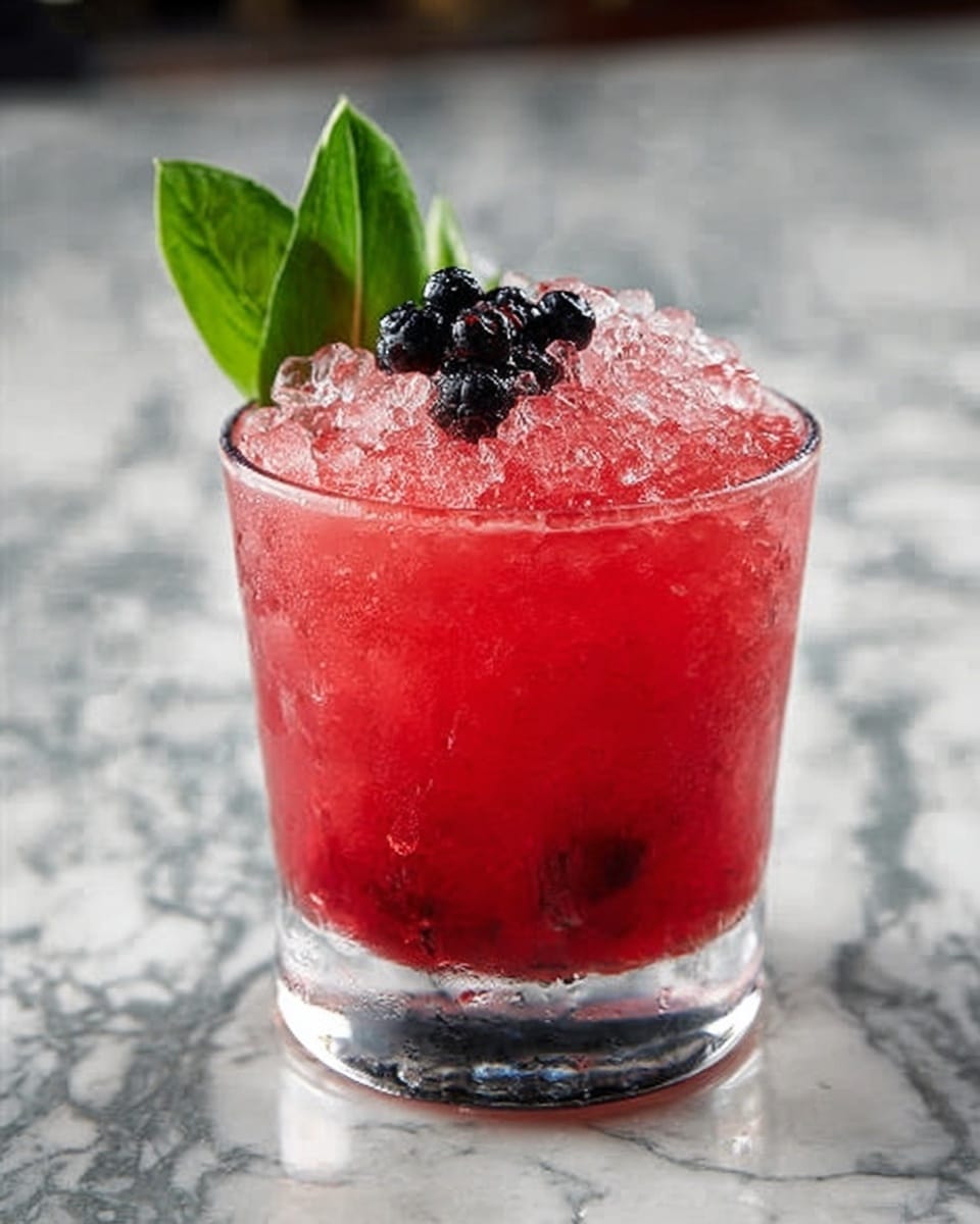 A short clear glass filled with a bright red crushed ice drink, topped with small dark berries and a fresh green leaf garnish on one side. The glass is placed on a white marbled surface. The drink shows a mix of smooth liquid and crushed ice textures, creating a refreshing look. Photo taken with an iphone --ar 4:5 --v 7