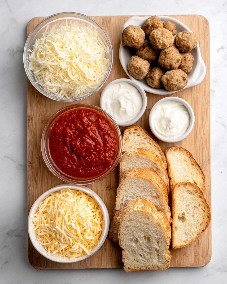 The image shows a wooden board with several ingredients neatly arranged on a white marbled surface. On the board, at the bottom right, there are slices of toasted bread stacked in a slightly fanned-out way with a golden-brown crust and soft inside. To the left of the bread, there is a small pile of red tomato sauce in a clear glass bowl. Above the tomato sauce, there is shredded white cheese in a round white bowl. To the right of the cheese, there is a white bowl filled with small golden-brown meatballs. Above the meatballs, there are two small white bowls containing white sauces or creams and a green herb in a tiny white bowl between them. A larger white bowl with finely shredded light yellow cheese or mozzarella is to the left side. The arrangement is clean and organized, placed on a smooth white marbled surface. photo taken with an iphone --ar 4:5 --v 7