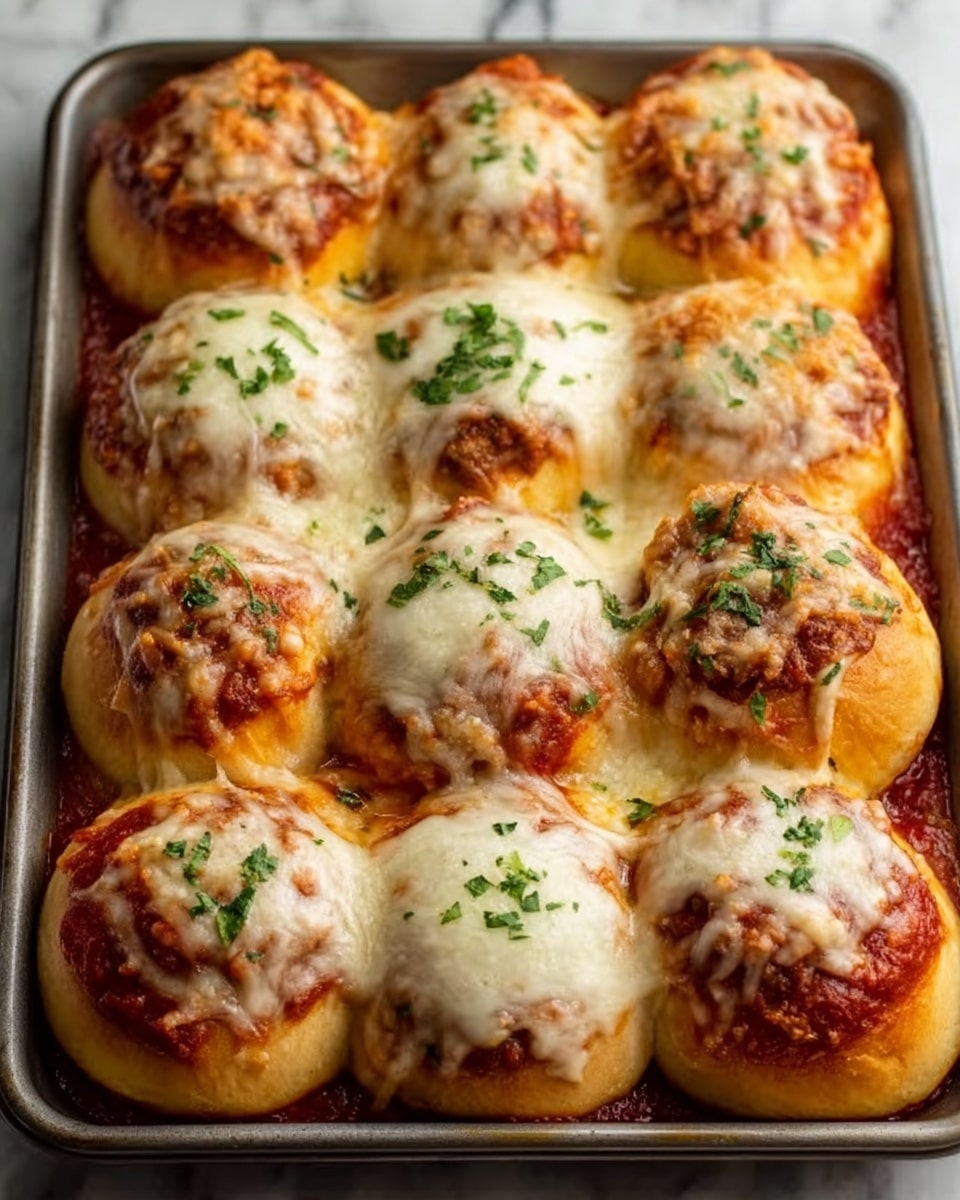 The image shows a baking tray filled with nine round bread rolls topped with melted cheese and sprinkled with green herbs. The bread rolls are golden brown, soft, and slightly shiny with a tomato sauce layer underneath the cheese. The cheese is creamy white and melted, covering the top half of each roll, with a smooth and slightly thick texture. Small green herb bits are spread evenly over the cheese, adding color contrast. The baking tray is placed on a white marbled surface. Photo taken with an iphone --ar 4:5 --v 7