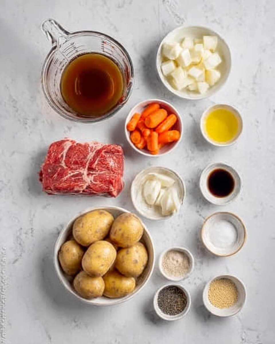 The image shows ingredients arranged neatly on a white marbled surface: a clear glass measuring cup with brown liquid, a small white bowl with white chunks, a small white bowl with orange baby carrots, a clear container with raw red meat that has some white fat marbling, a medium white bowl filled with several light brown potatoes, a small white bowl with yellow liquid, a very small white bowl with dark liquid, and four tiny white bowls with various powders and grains in light beige, black, and off-white colors. photo taken with an iphone --ar 4:5 --v 7