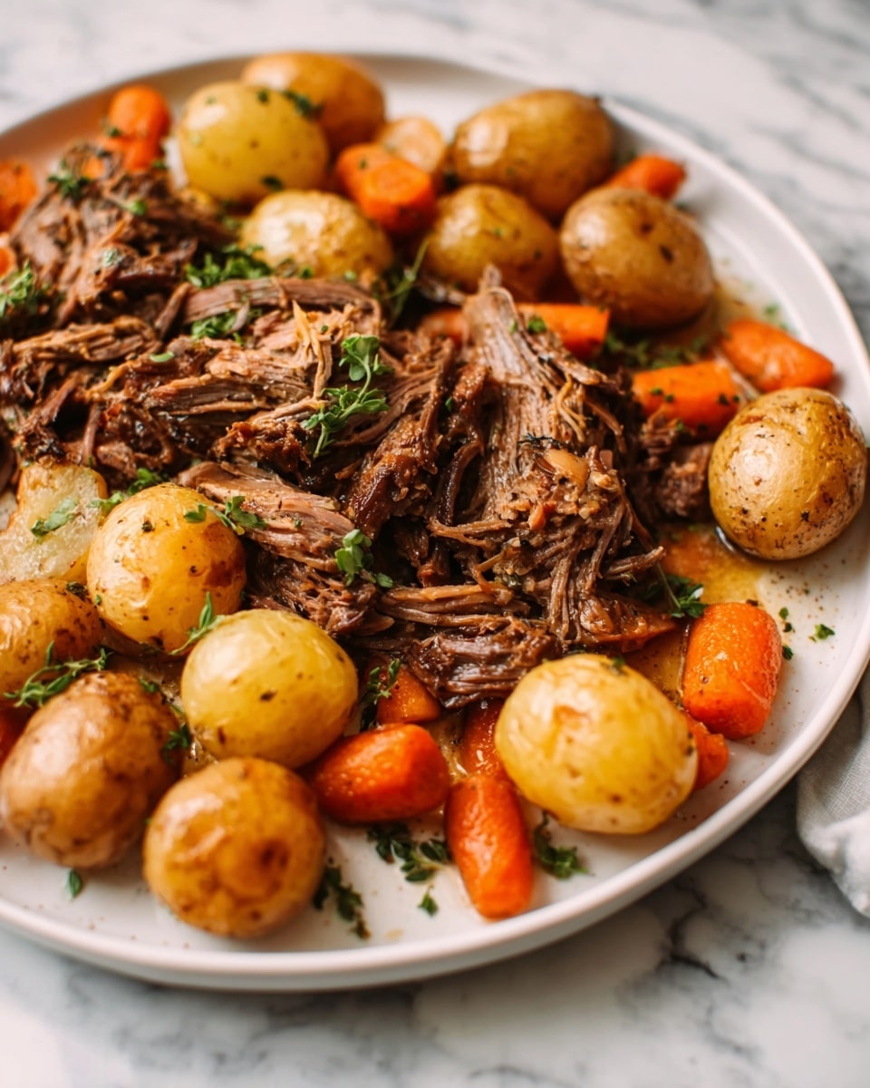 A white plate filled with a dish showing multiple layers of food. The base layer is tender brown meat, pulled apart with a soft texture. Surrounding the meat are whole baby potatoes in a light golden color and orange baby carrots, all cooked and slightly shiny. Small green herbs are sprinkled on top of the meat and vegetables, adding a fresh touch. The plate sits on a white marbled surface. Photo taken with an iphone --ar 4:5 --v 7