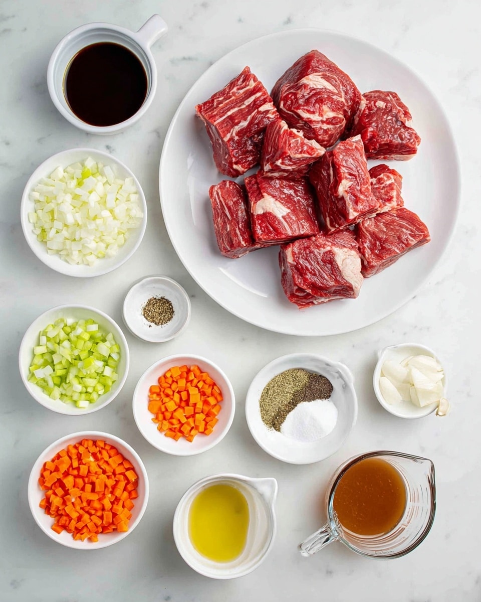 The image shows a white plate at the top center filled with several pieces of raw red meat with visible white fat marbling. Surrounding the plate are multiple small white bowls and containers each holding different ingredients: finely diced orange carrots, light green diced celery, chopped white onions, minced garlic, dried herbs, ground black pepper, salt, and brown spices. There are also small white bowls with dark brown sauces, a glass container with clear liquid, a small bowl with yellow oil, a bowl with a white powder, and a measuring cup filled with brown liquid. The background is a clean white marbled surface. photo taken with an iphone --ar 4:5 --v 7