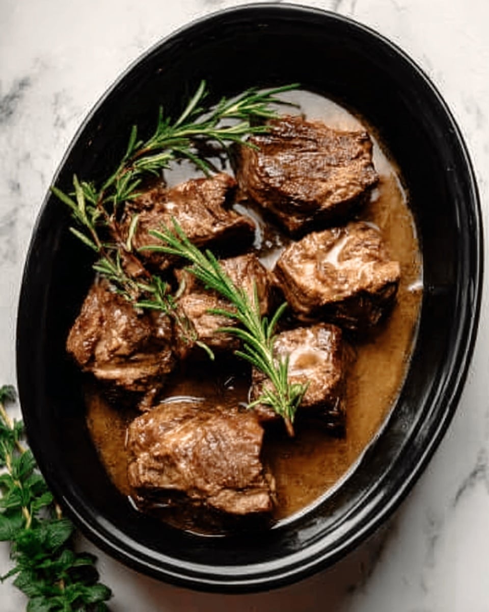 The image shows a black oval dish with several pieces of cooked meat in it. The meat pieces are brown with a slightly glossy surface, showing a tender texture. They are arranged closely together in the center of the dish. On top of the meat, there are a few sprigs of fresh green rosemary adding a touch of color and freshness. The dish contains a light brown sauce surrounding the meat pieces. The whole scene is placed on a white marbled surface with a small bunch of green herbs visible at the edge. Photo taken with an iphone --ar 4:5 --v 7