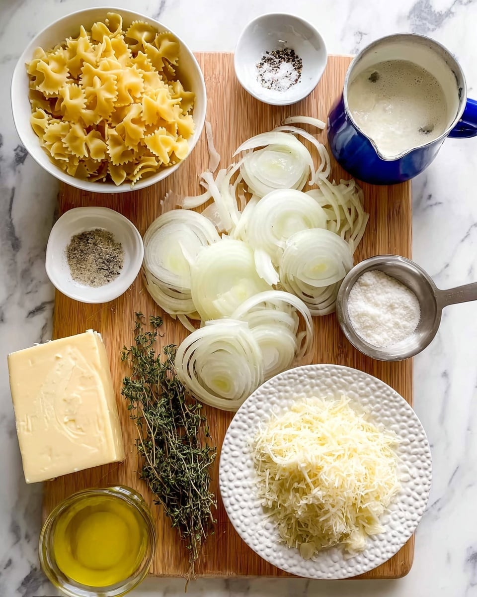 A wooden board sits on a white marbled surface, filled with cooking ingredients arranged neatly. In the center are thin white onion slices, layered softly. Above them is a small bunch of green thyme sprigs. To the top left, a white bowl holds yellow farfalle pasta. Near the top center is a small white bowl with salt and pepper, and next to it grated garlic. On the right side, a woman's hand pours white cream from a blue and white container into a silver measuring cup. Below the onions is a block of light yellow butter. At the bottom left, a small white bowl contains white flour, next to a small metal cup with olive oil. A clear container with a yellow liquid and green herbs is also at the bottom left. On the bottom right, a white textured plate holds a mound of pale shredded cheese. photo taken with an iphone --ar 4:5 --v 7