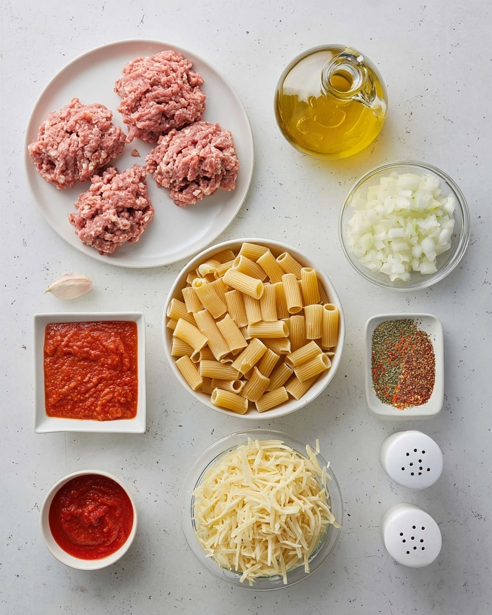 The image shows several ingredients arranged on a white marbled surface. At the top left, there is a white plate holding two portions of raw ground meat in a pinkish color with some fat mixed in. To the right, there is a clear glass bottle filled with golden olive oil. Below the olive oil, a small white square dish holds a dry spice mix with red, green, and orange flecks. To the right of the spice, a small white bowl contains shredded pale yellow cheese. In the middle, a white bowl is filled with dry rigatoni pasta, which is light beige in color and has ridges along each tube. Below the pasta, a small clear bowl has finely chopped white onions, and next to it on the right, a smaller white bowl with a red rim contains chopped garlic. On the bottom left, a small white bowl is filled with red tomato sauce, and next to it near the onions, there is a small clear bowl holding grated pale yellow cheese. Finally, there are two plain white salt and pepper shakers near the right side. The whole arrangement is orderly and well spaced. Photo taken with an iphone --ar 4:5 --v 7