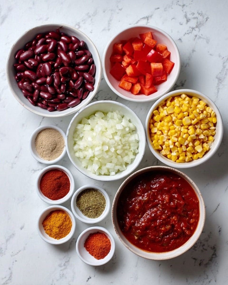 The image shows seven white bowls arranged neatly on a white marbled surface. The top left bowl contains shiny, dark red kidney beans. To its right, a smaller white bowl holds small cubes of bright red bell pepper. Below, a larger bowl is filled with finely chopped white onions. Next to it, another bowl holds yellow corn kernels. In the center, a bowl contains three layers of dry spices: light brown, greenish-brown, and bright red powders. At the bottom left, there are three small white bowls with different powders in shades of dark red and orange. Finally, a larger white bowl at the bottom has a deep red tomato-based sauce with visible small chunks. photo taken with an iphone --ar 4:5 --v 7