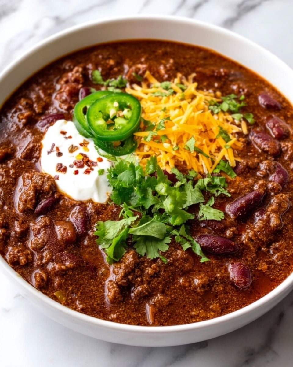 A white bowl filled with rich, deep brown chili that has visible chunks of ground meat and kidney beans, topped with a small pile of bright yellow shredded cheddar cheese near the center, a few slices of fresh green jalapeno placed next to it, a dollop of white sour cream on one side, some fresh green cilantro leaves on the other side, and a sprinkle of red pepper flakes near the sour cream, all set on a white marbled surface photo taken with an iphone --ar 4:5 --v 7