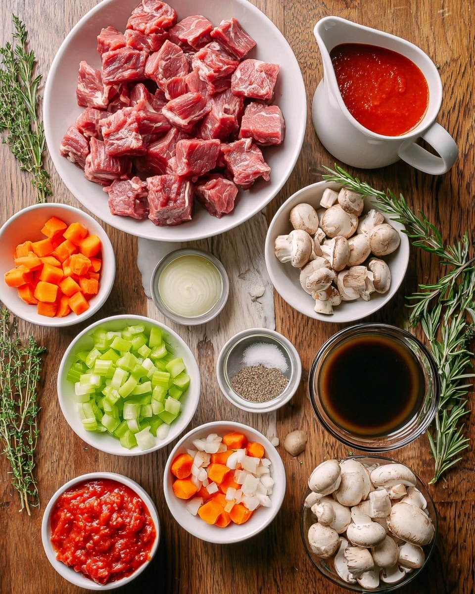 The image shows a set of ingredients arranged on a wooden table with sprigs of fresh rosemary and thyme on the side. In the center, there is a white bowl filled with raw beef chunks, pink with marbled fat. Around it are small white bowls containing diced green celery, diced orange carrots, diced white onions, and sliced brown mushrooms with cream-colored insides. Other small white bowls hold salt, black pepper, ground spices, and three cloves of peeled garlic. There is a white pitcher with bright red tomato paste, a clear measuring cup with dark soy sauce, another clear measuring cup with brown broth, and a white bowl filled with crushed red tomatoes. The background is a white marbled surface. Photo taken with an iphone --ar 4:5 --v 7