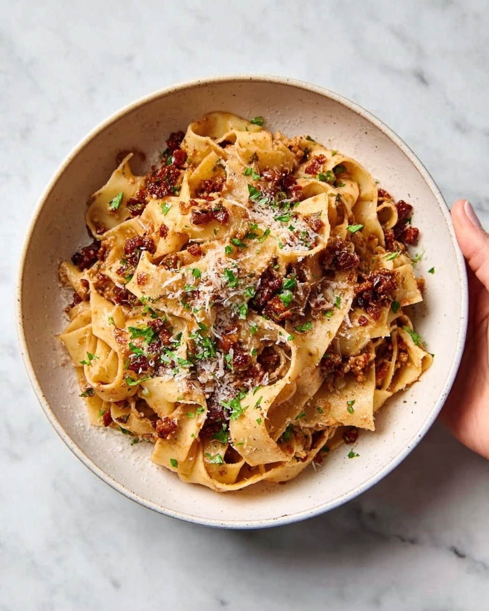 A white bowl filled with three layers of wide, flat pasta ribbons that are light brown with a slightly glossy texture. The pasta is mixed with small bits of dark brown crispy pieces scattered evenly across the top and throughout. There is a sprinkling of finely chopped green herbs and some light dusting of grated cheese over the dish. Next to the bowl is a woman's hand with fingers softly curved. The entire scene is set on a white marbled surface. Photo taken with an iphone --ar 4:5 --v 7