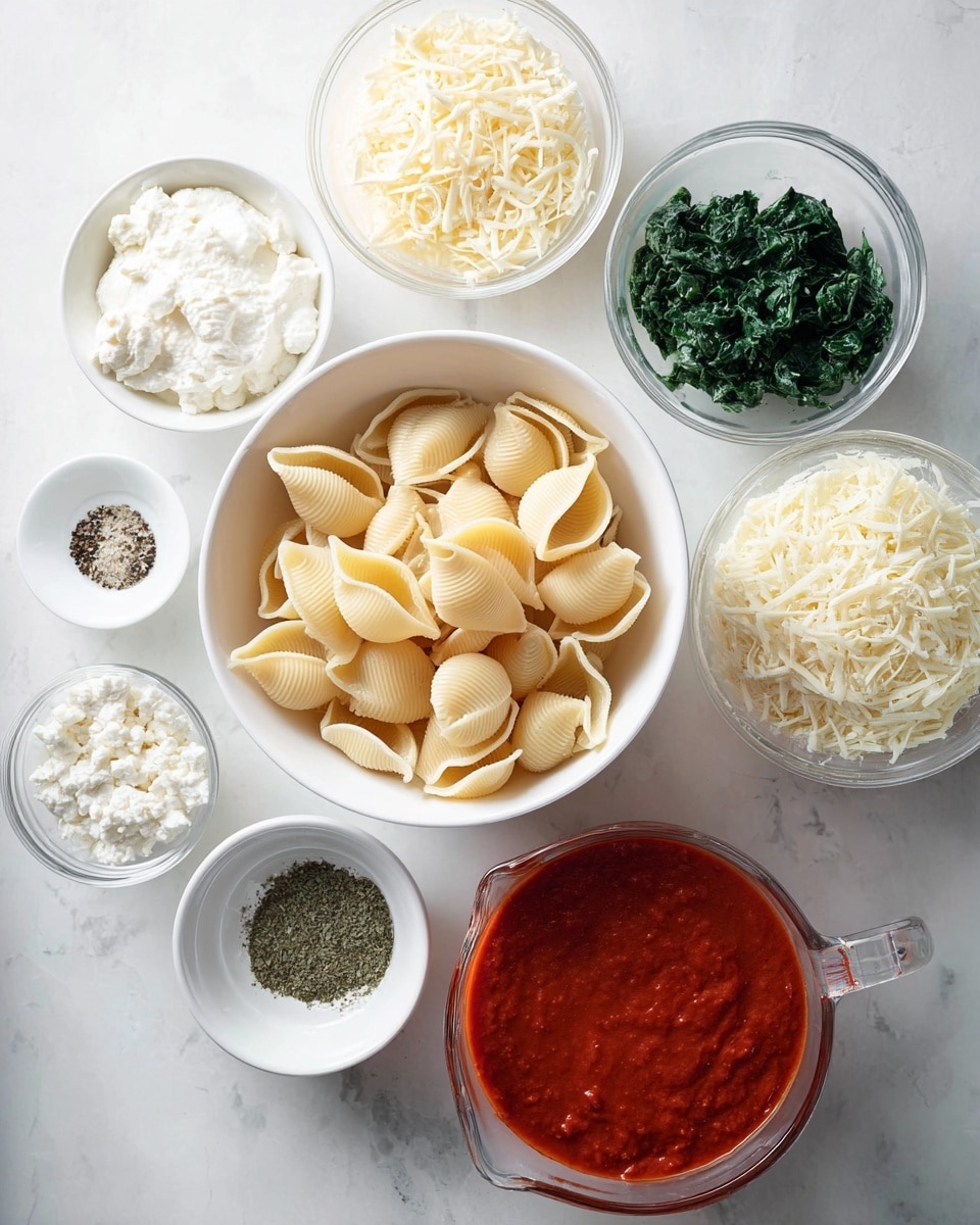 A white bowl filled with large, uncooked shell pasta sits in the center on a white marbled surface. Surrounding it are smaller white bowls and clear glass bowls holding various ingredients: one bowl contains creamy ricotta cheese, another has shredded mozzarella cheese, a third holds grated Parmesan cheese, and one more has finely chopped cooked spinach. There is a white bowl with small grains of cottage cheese, a small bowl with green dried herbs, and two tiny white bowls containing salt and black pepper. To the lower right, a glass measuring cup contains bright red tomato sauce, showing a smooth texture. The overall setup looks neat and organized for making a pasta dish photo taken with an iphone --ar 4:5 --v 7