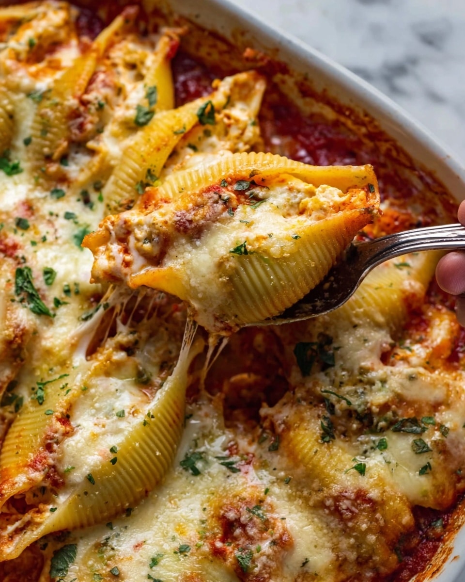 This image shows a close-up of a white dish filled with large pasta shells stuffed with a creamy white cheese filling and topped with melted golden brown cheese. The shells are covered in a rich, reddish tomato sauce visible on the edges, with small green herb leaves sprinkled on top for color contrast. One woman's hand with a silver spoon is lifting a shell, showing stretchy melted cheese between the spoon and the dish. The texture of the melted cheese looks smooth and bubbly, while the pasta has a firm, soft appearance with some crispy spots from baking. The background is a white marbled surface. Photo taken with an iphone --ar 4:5 --v 7