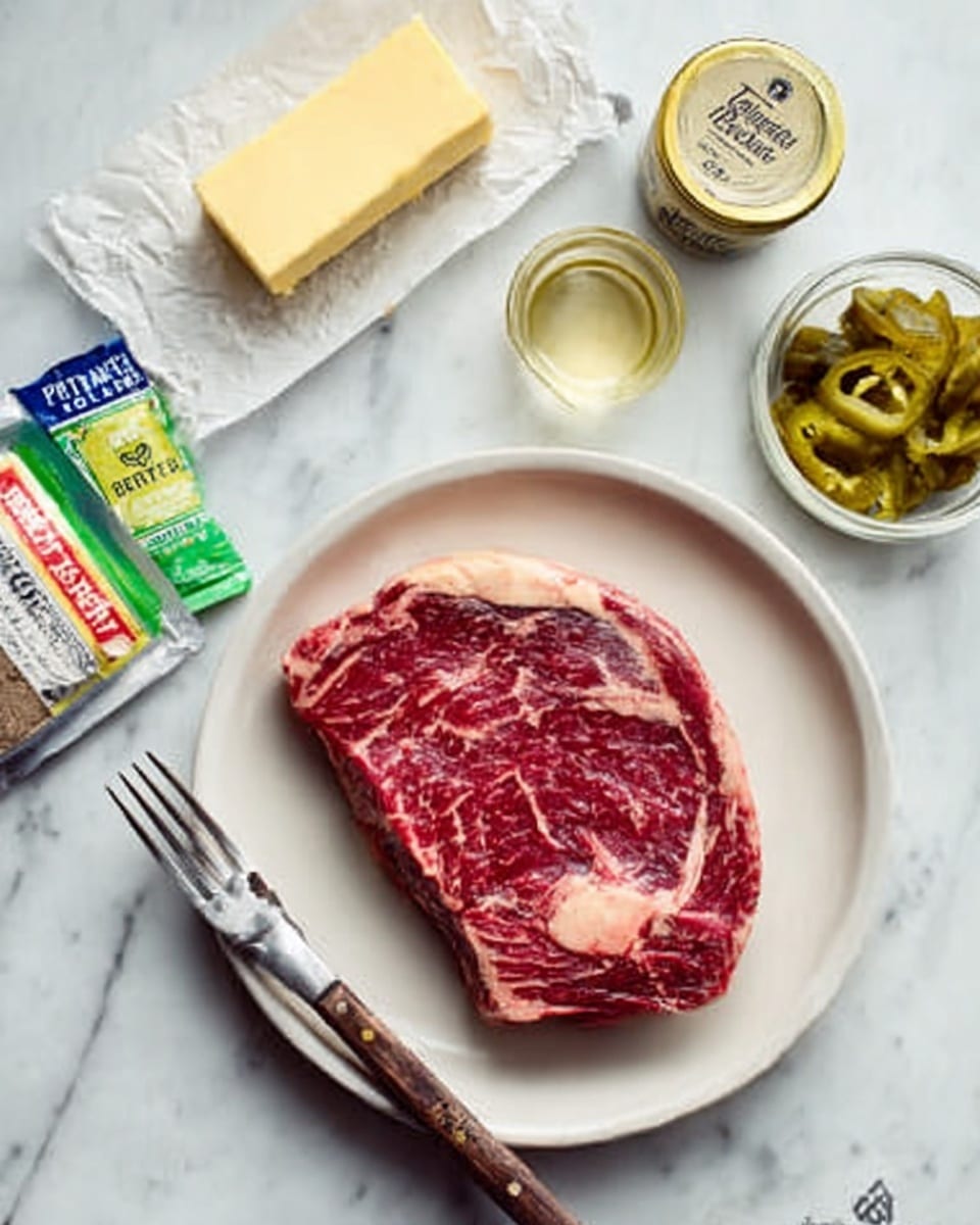 A white plate with a large piece of raw beef steak resting on it, showing deep red color with marbled white fat throughout. The plate sits on a white marbled surface. Around the plate are several ingredients: a stick of butter wrapped in paper, a small glass bowl with a clear liquid, a packet of ranch seasoning, a packet of dry seasoning, and a jar of sliced green peppers. A knife and fork lie crossed beside the steak on the plate. The photo looks bright and clear, photo taken with an iphone --ar 4:5 --v 7
