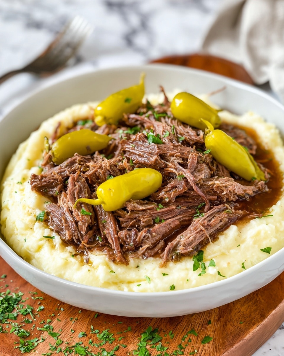 The dish shows a white shallow bowl filled with a thick layer of smooth, creamy mashed potatoes forming the base. On top, there is a generous pile of shredded, brown cooked meat with a moist texture, scattered with small pieces of fresh green herbs. Four whole light yellow pepperoncini peppers are placed evenly on the meat, adding color contrast. The bowl sits on a wooden board with a few green herb sprinkles nearby, and the background has a white marbled texture. Photo taken with an iphone --ar 4:5 --v 7