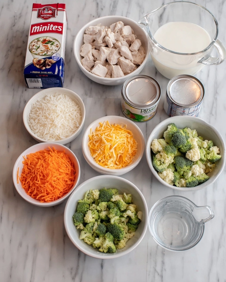 The image shows a collection of ingredients neatly arranged on a white marbled surface. There is a small white bowl filled with cooked chicken pieces, a white bowl of chopped broccoli, a white bowl of grated orange carrots, and a white bowl with shredded cheese. A small white bowl contains minced garlic. Nearby, a box of Minute white rice sits next to a can of Campbell's cream of mushroom soup. Two clear measuring cups hold milk and water. The items are spread out evenly, with the bowls and containers forming a clean, organized look. A woman's hand is not visible in this image. Photo taken with an iphone --ar 4:5 --v 7