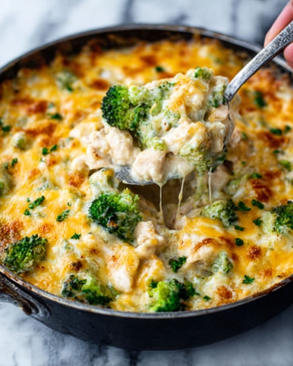 The image shows a close-up of a creamy casserole in a black pan on a white marbled surface. The dish has a thick, cheesy top layer that is golden-yellow with bubbling melted cheese and small green broccoli florets peeking through. Underneath the cheese, chunks of chicken are visible mixed with tender green broccoli, all coated in a rich, creamy white sauce. A silver spoon held by a woman's hand scoops up a portion, showing the soft texture of the filling with melted cheese stringing slightly from the pan to the spoon. The casserole looks warm and comforting, with a mix of textures from the crispy cheese to the tender vegetables and chicken. photo taken with an iphone --ar 4:5 --v 7