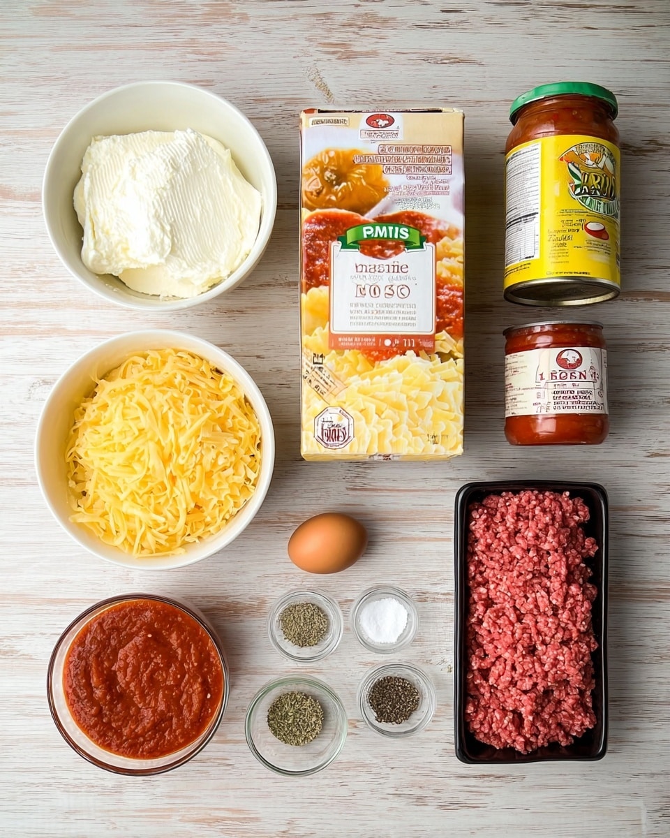 The image shows ingredients for lasagna neatly arranged on a light wooden surface. From left to right and top to bottom, there is a white bowl filled with a soft white cheese at the top left, a white bowl filled with shredded yellow cheese below it, a box of gluten-free lasagna noodles in the middle, a single brown egg in front of the box, a small clear bowl of dried herbs, salt, and black pepper in a row next to the egg, and a black plastic tray of raw ground meat on the bottom right. Above the egg and spices sits a tube of tomato paste, a glass jar of red tomato herb sauce, and a yellow can of tomato puree. The surface under everything is a white marbled texture. Photo taken with an iphone --ar 4:5 --v 7