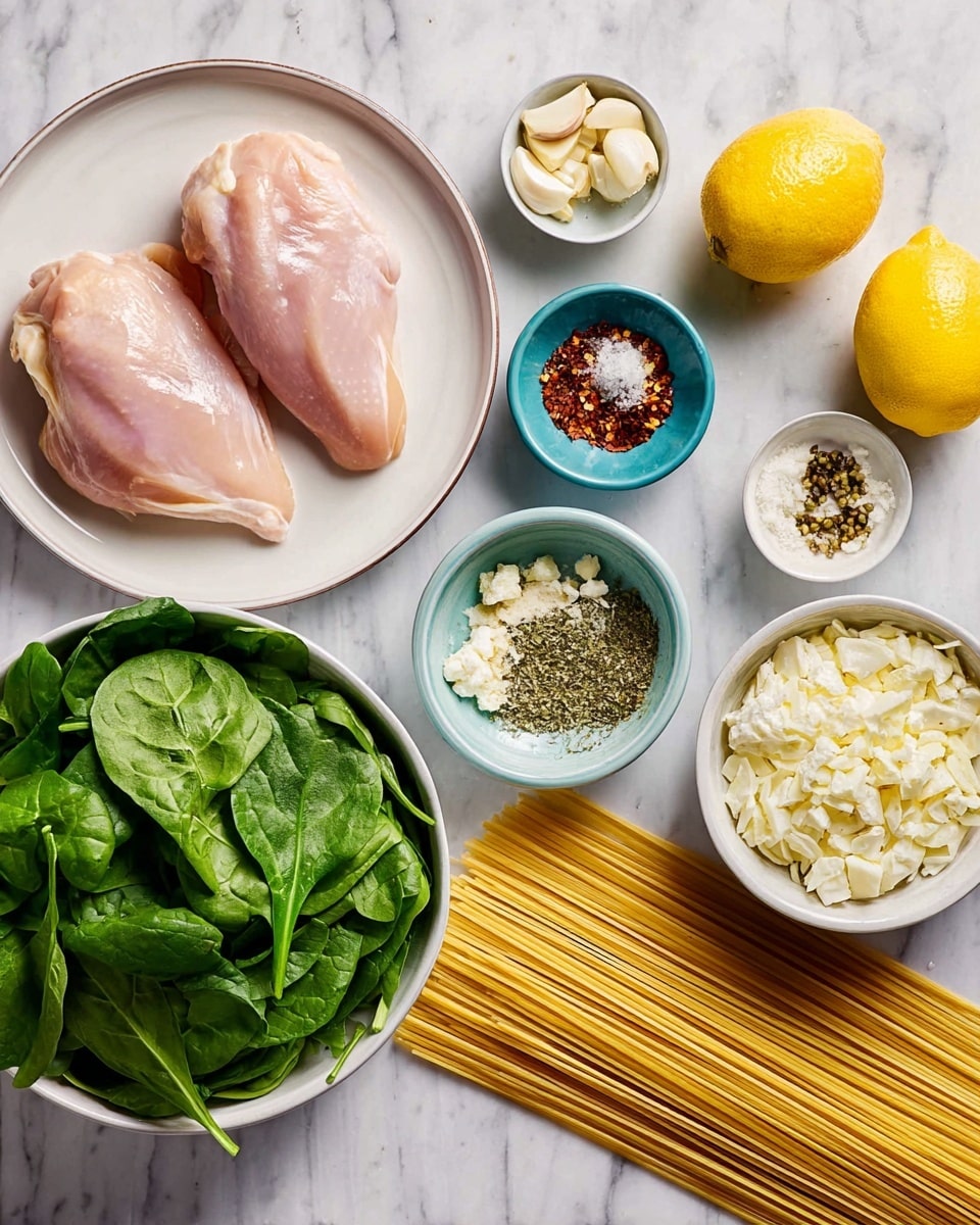 The image shows ingredients neatly arranged on a white marbled texture. On the left, two raw chicken pieces sit on a white plate. Moving right, there are small white bowls with chopped garlic, ricotta cheese, chili flakes, dried herbs, salt, and pepper. Two whole yellow lemons are placed beside a bowl filled with chopped onions. To the right of these, uncooked spaghetti lies flat, leading to the edge of a large white bowl full of fresh green spinach leaves. The setup is bright and well-organized. photo taken with an iphone --ar 4:5 --v 7