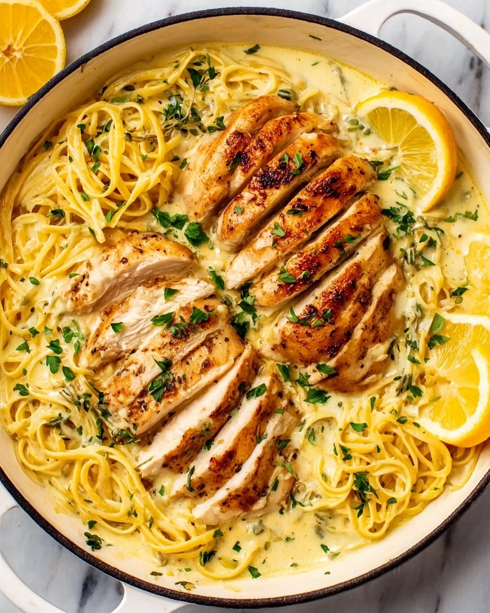 A white pan filled with two large pieces of cooked chicken sliced into thick strips, placed on a creamy light yellow sauce with thin pasta noodles mixed inside. Fresh chopped green herbs are sprinkled on top of the chicken and sauce. Lemon slices lay on the side of the pan adding a bright yellow touch. The background and surface are white with a marble texture. Photo taken with an iphone --ar 4:5 --v 7