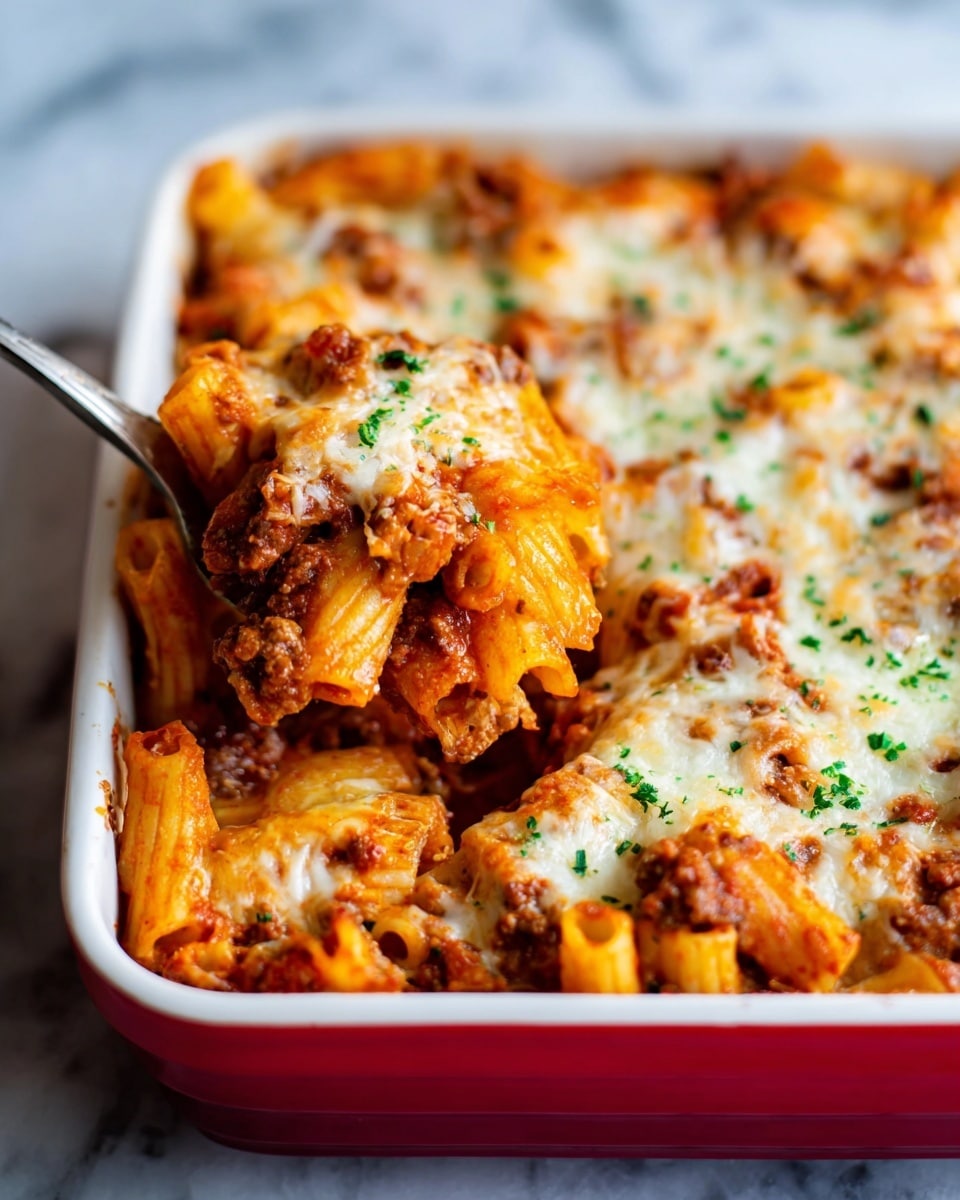 The image shows a close-up of baked pasta in a white rectangular dish with a red outer edge. The pasta has a thick, meaty sauce layer with visible chunks of meat and tomato, spread evenly throughout. On top, there is a golden melted cheese layer with some browned spots, and a sprinkle of chopped green herbs over the cheese. A spoon lifts some pasta, showing the soft, tubular noodles covered in sauce and cheese. The background is a white marbled surface. photo taken with an iphone --ar 4:5 --v 7