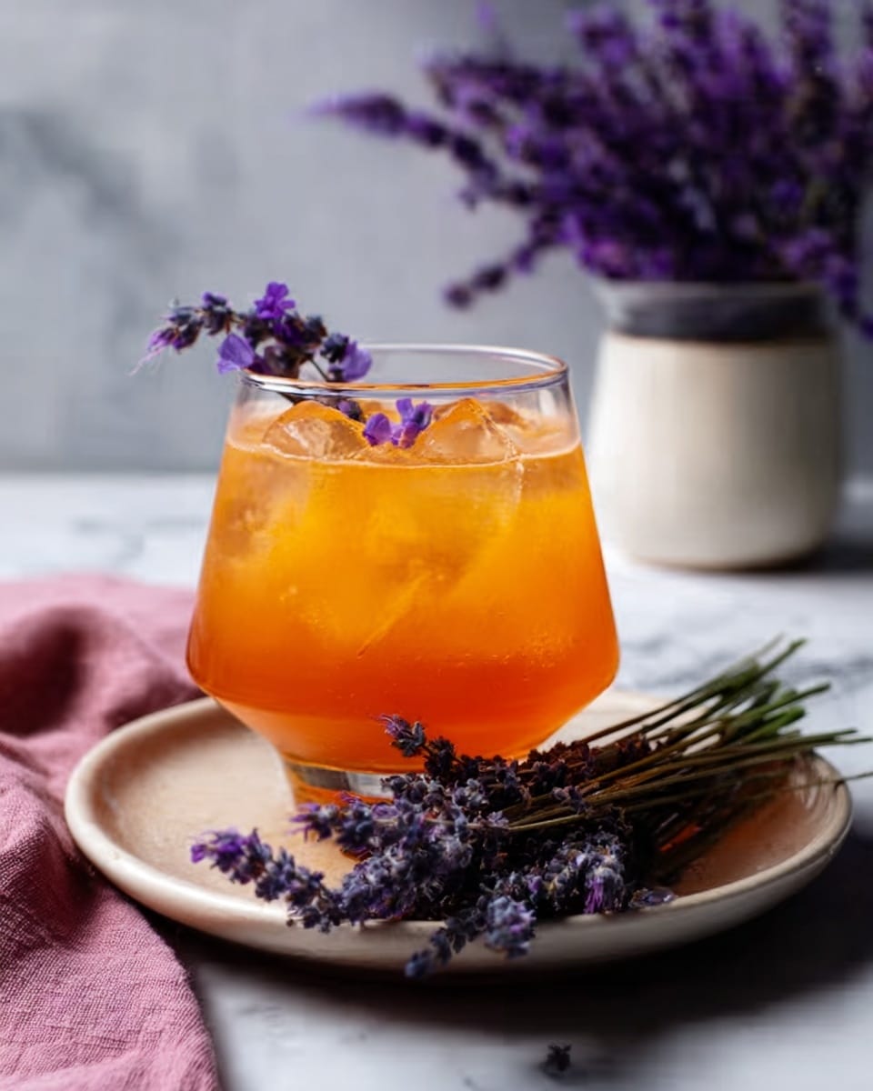 The image shows a tall clear glass filled with a drink made of two layers: a darker amber layer at the bottom and a lighter, almost transparent yellowish layer on top. There are large ice cubes floating inside the glass. Two lime slices are placed inside the drink, one facing front and clearly visible, the other positioned behind it. A purple lavender sprig sticks out from the top of the glass. The glass is placed on a soft, light purple cloth with some lavender flowers scattered around it on a white marbled surface. The background is dark with a cloudy texture, making the drink stand out. Photo taken with an iphone --ar 4:5 --v 7