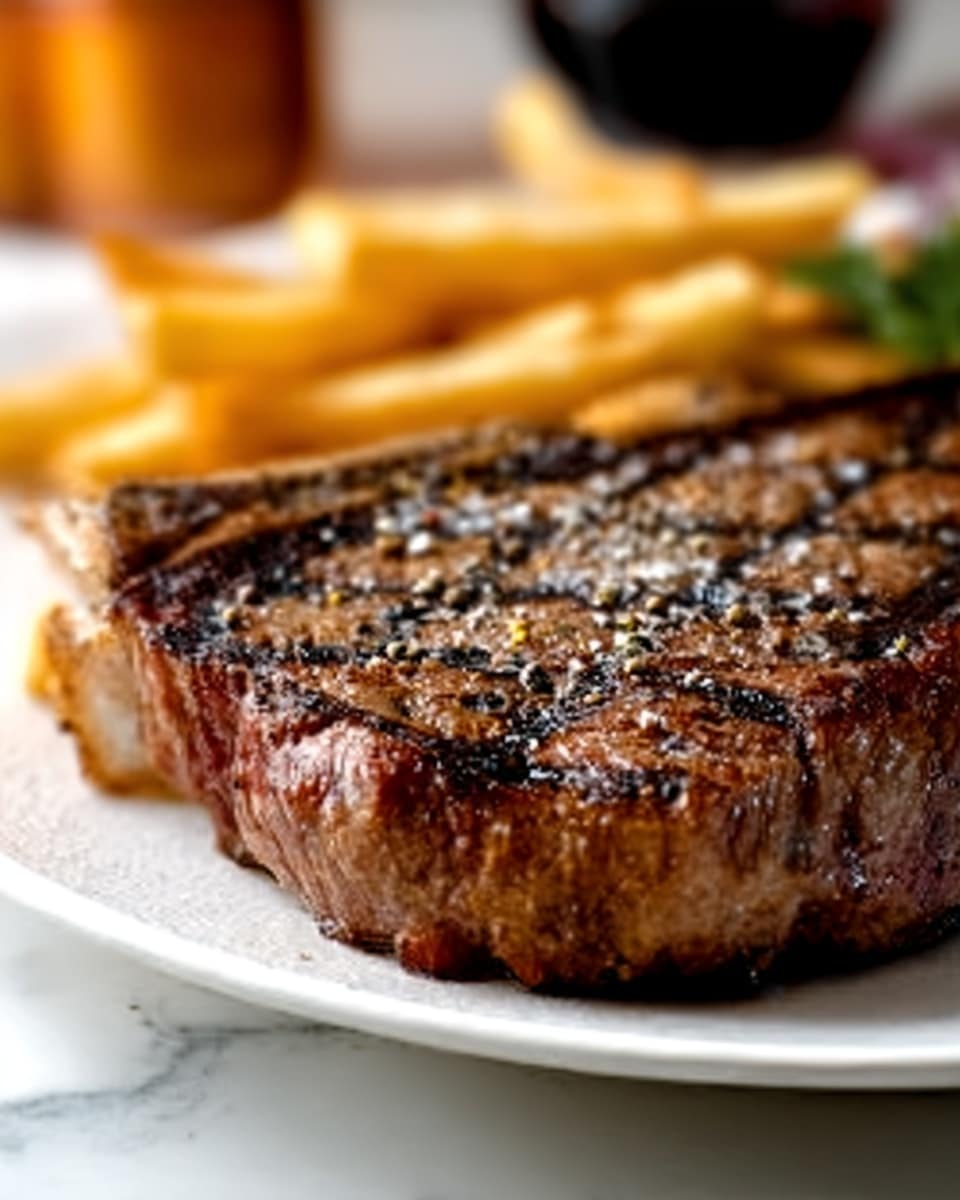 A single grilled steak with dark brown grill marks sits on a light wooden board. The steak has a small piece of melting butter on top, slightly softening with juices pooling around it. In the background, there is another piece of steak slightly out of focus, along with a metal grill fork. The surface is a white marbled texture. photo taken with an iphone --ar 4:5 --v 7