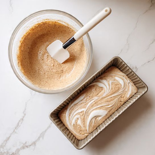 The image shows a baking scene with two main elements on a white marbled surface. At the top, there is a clear glass mixing bowl filled with a light brown batter, with visible specks giving it a slightly textured look. A white spatula with a black handle rests inside the bowl, partially submerged in the batter. Below the bowl, there is a metallic loaf pan with scalloped edges, filled with the same light brown batter mixed with a layer of white cream or icing swirled into the top surface, creating a marbled pattern across the middle of the batter. The overall color palette is warm with shades of light brown, white, and clear materials, all set on the bright white marbled background. Photo taken with an iphone --ar 4:5 --v 7