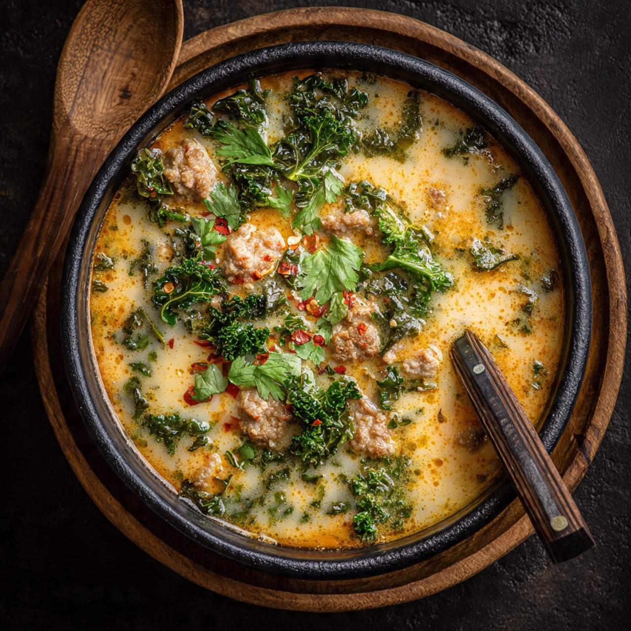 The image shows two white bowls filled with creamy risotto. The risotto is light beige with small green parsley leaves sprinkled on top. There are pieces of white chicken and yellow mushrooms mixed throughout. On the side, there is a white bowl with red pepper flakes and a blue bowl with green herbs. A woman's hand holding a fork is reaching toward one of the bowls. The surface underneath everything is a white marbled texture. photo taken with an iphone --ar 4:5 --v 7
