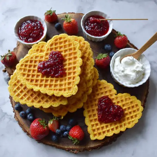 The image shows a stack of golden yellow heart-shaped waffles arranged in a circular pattern on a piece of round dark wood on a white marbled surface. Two heart-shaped waffle pieces lie in front, each topped with a dollop of red jam. Around the waffles, there are scattered fresh red strawberries, some blueberries, and two small white bowls; one filled with red jam and the other with white cream. A wooden spoon with some jam on it rests nearby. The scene is bright with natural lighting, and a woman's hand is reaching towards the jam bowl. Photo taken with an iphone --ar 4:5 --v 7