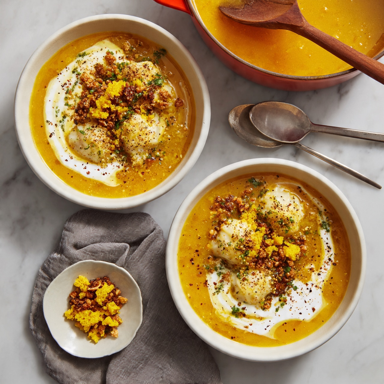 A white bowl filled with clear broth soup containing light green cabbage leaves, thin orange carrot strips, and long pale yellow noodles. The vegetables have a soft texture and float gently in the broth. On top of the soup, there are small sprinkled white and black sesame seeds. In the background, there are fresh green leaves, a chunk of ginger, and two small white bowls, one with chopped green herbs and the other with dark sauce. The bowl sits on a wooden surface with a white marbled background. Photo taken with an iphone --ar 4:5 --v 7