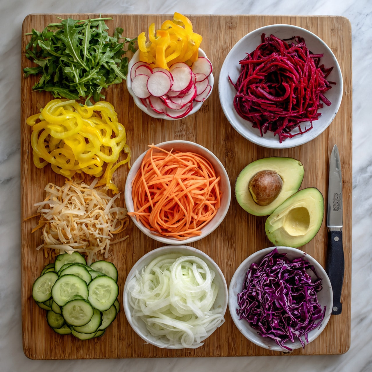 The image shows a wooden cutting board filled with colorful sliced vegetables arranged in layers. On the left are leafy green arugula, thin yellow and orange bell pepper strips, and round, thinly sliced radishes. In the center, a white bowl holds thin bright red shredded beetroot, while next to it is a white bowl filled with long orange carrot strips. Below the bowls are fresh cucumber slices arranged in a small pile. To the right are two avocado halves, one with the seed still in, next to thinly sliced pale purple onion rings, piles of white shredded vegetable (possibly jicama or daikon), and shredded purple cabbage. A knife is placed vertically near the middle-left side. The electric wooden board is on a white marbled surface photo taken with an iphone --ar 4:5 --v 7