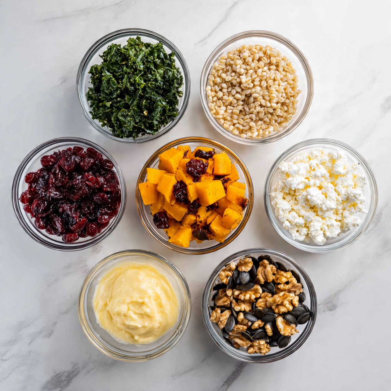 Seven clear glass bowls arranged on a white marbled surface each hold different ingredients: the top left bowl is filled with dark green chopped kale leaves, the center bowl holds bright orange chunks of roasted butternut squash with some browned spots, the bottom center bowl contains soft light beige cooked barley grains, the top right bowl has small crumbly white pieces of cheese, the middle right bowl holds black roasted pumpkin seeds, the bottom right bowl is filled with golden brown toasted walnut pieces, the small bowl on the left has shiny deep red cranberries, and the small bowl below it contains pale yellow creamy dressing. Photo taken with an iphone --ar 4:5 --v 7