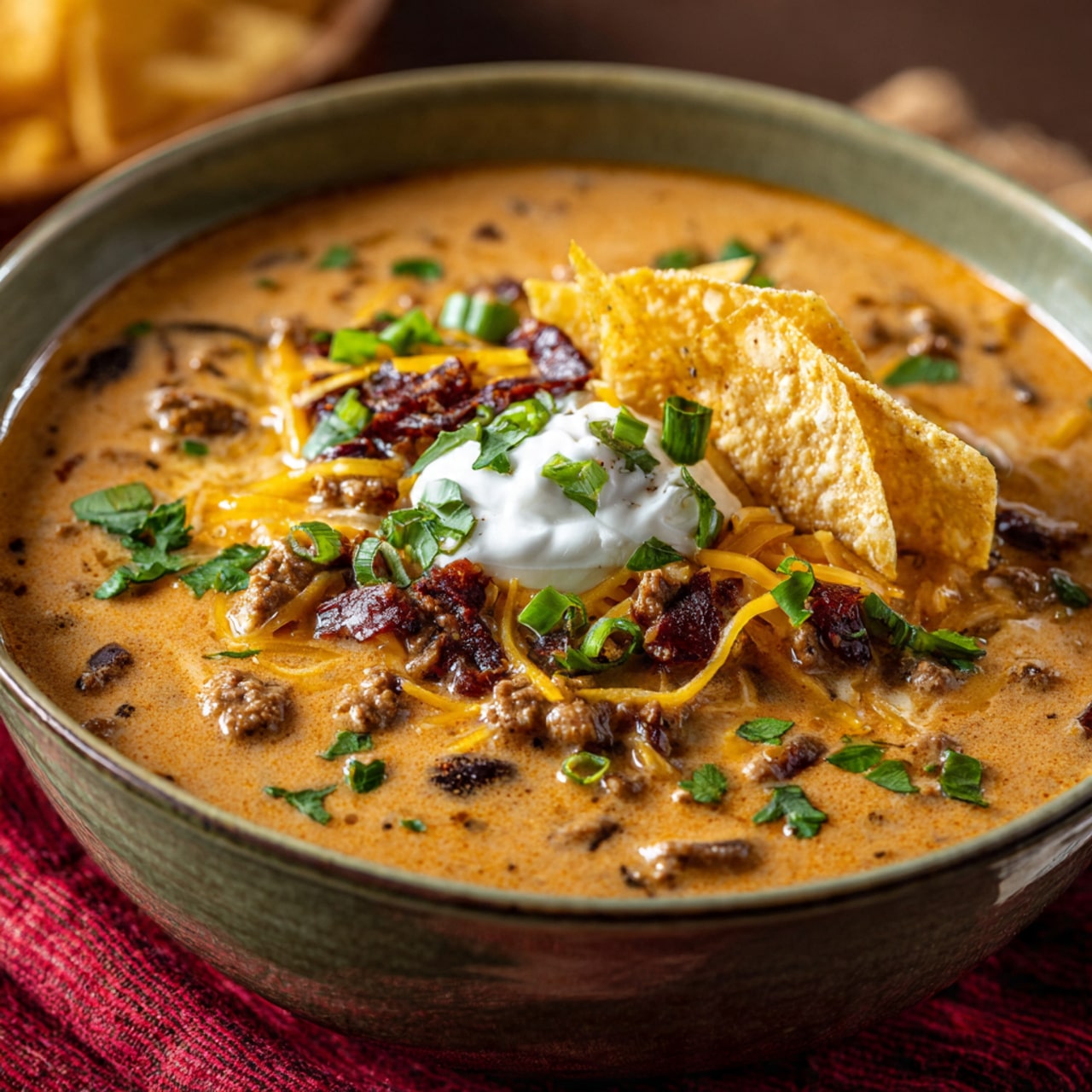 A white bowl filled with a creamy, orange soup that has shredded chicken mixed in. On top, there are small pieces of green avocado, a dollop of white sour cream, and small dark beans scattered evenly. A white marbled surface is under the bowl, and there are a couple of small green herbs sprinkled around outside the bowl. A few soft white tortillas are visible to the side on the surface. Photo taken with an iphone --ar 4:5 --v 7